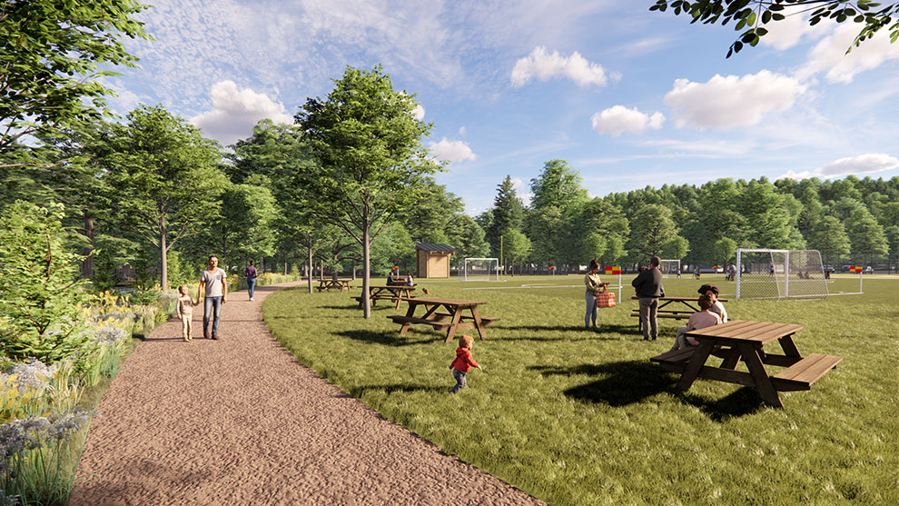Rendering of walking path, picnic tables and athletic field