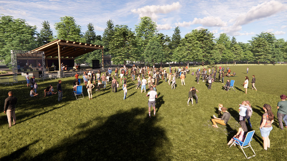 Rendering of park with people enjoying a concert