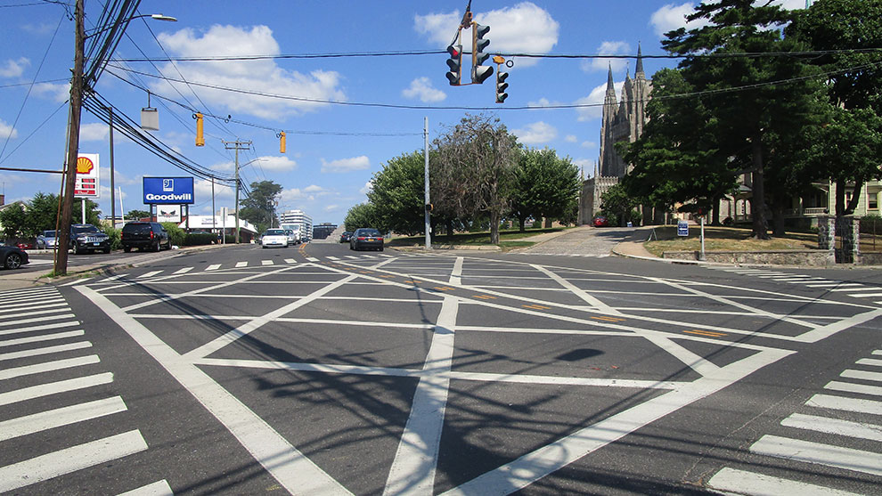 Large intersection with painted crosswalks