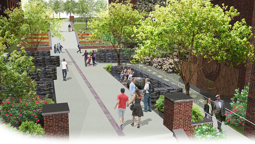 Morrill rendering with walkway, trees and people walking