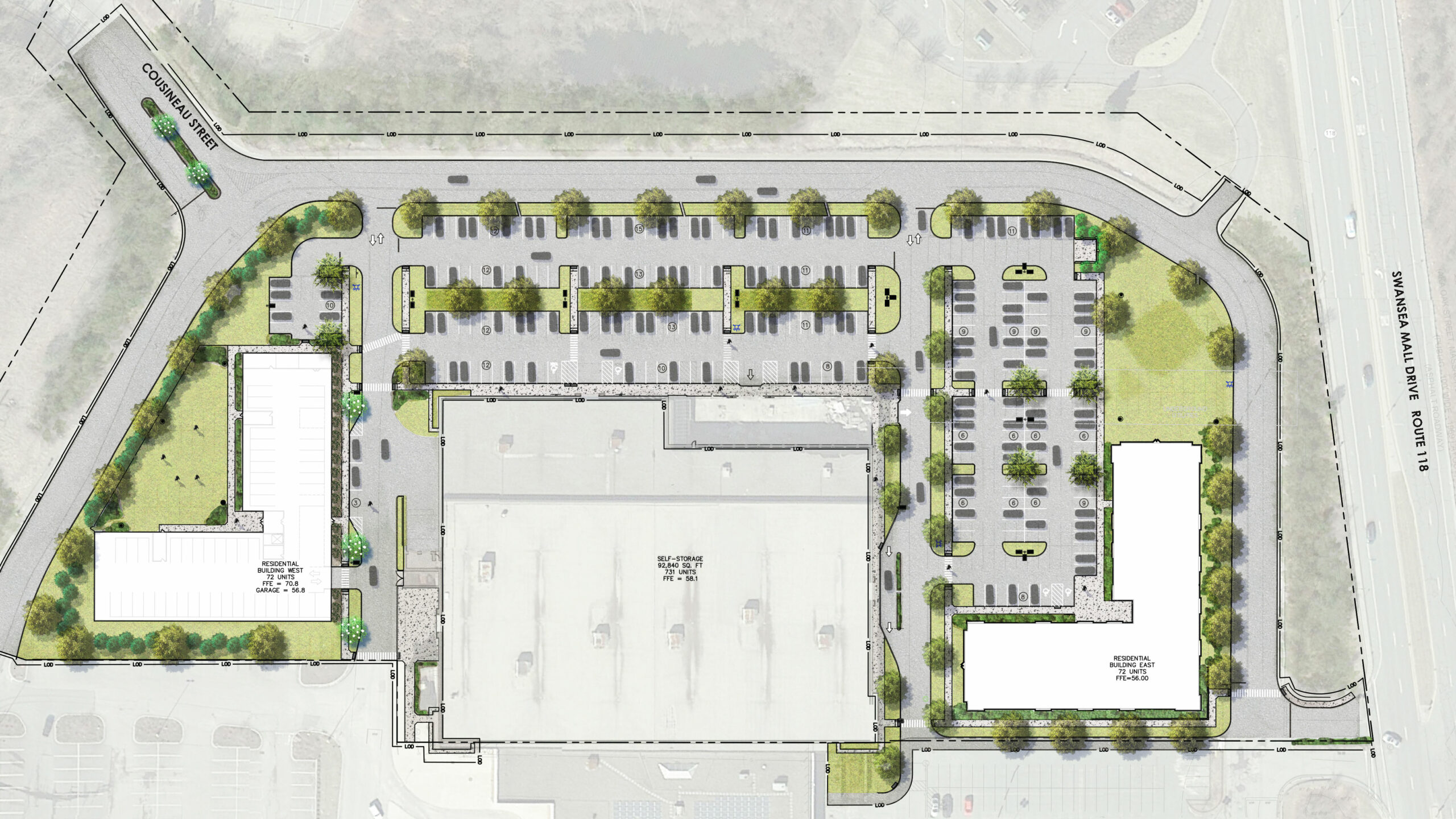 Swansea mall plan showing building, parking lot and trees